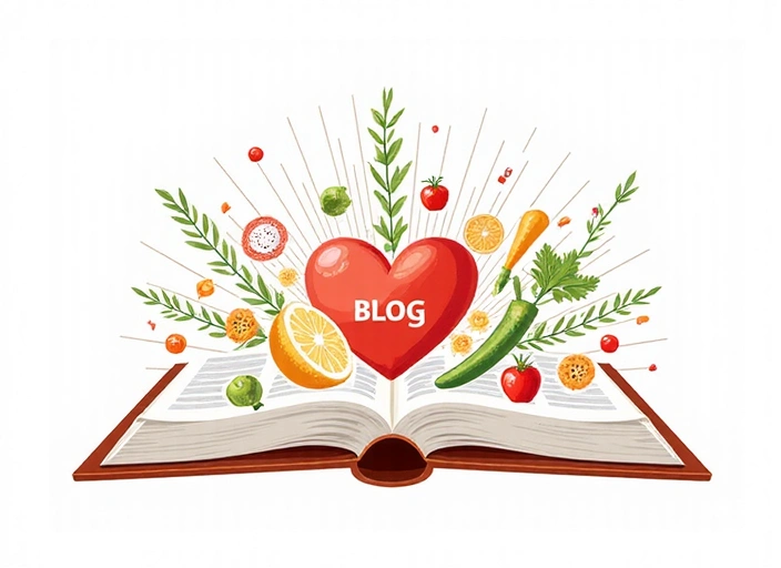 Moderní ilustrace otevřené knihy nebo blogového rozhraní s prvky jídla a zdraví