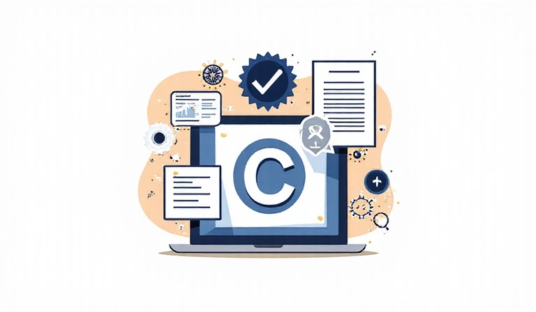 Ilustrace autorských práv a duševního vlastnictví, abstraktní symboly chráněného obsahu.